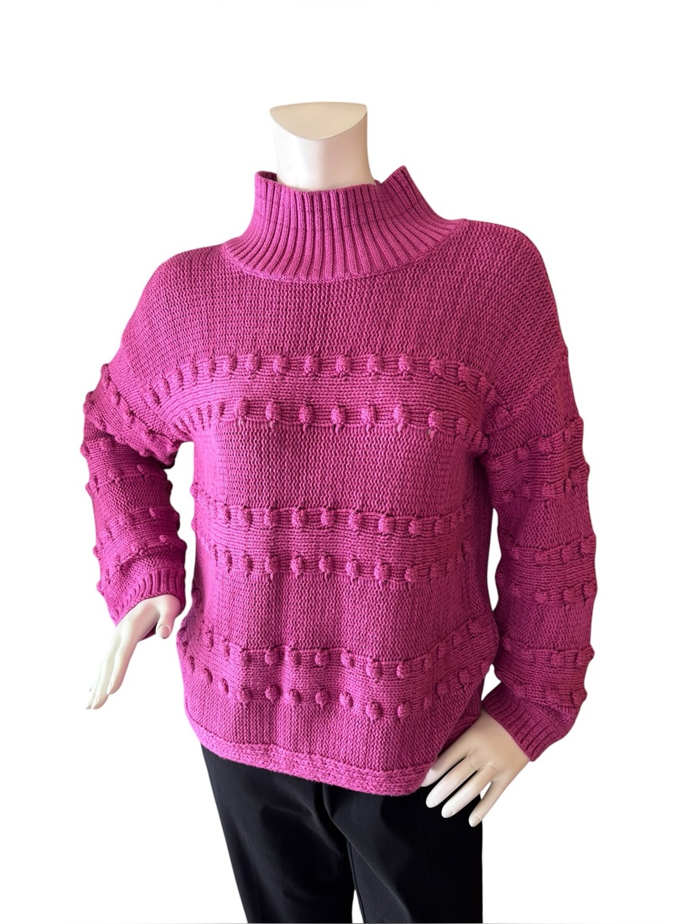 NIC+ZOE Magenta “Adore a Ball” Bubble-Knit Turtleneck Sweater, cotton blend, L